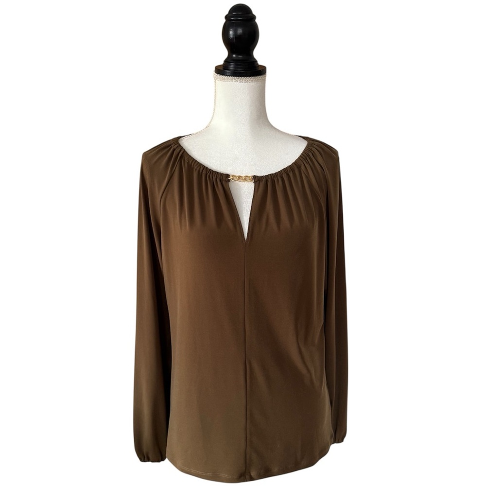 Michael Kors Chain Neck Blouse Brown Long Sleeve Stretch Top Size Small NWT